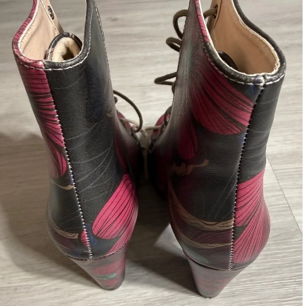 DOGO Floral Lace Up Heeled Ankle Boots Pink Blue Vegan Leather Size 38